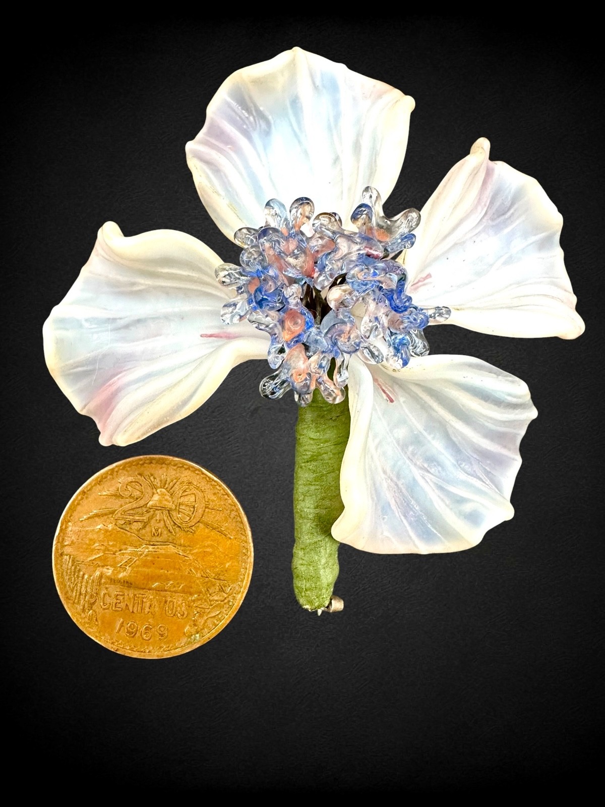 Large French Studio Art Glass Orchid Flower Brooch Opalescent Petals Lampwork