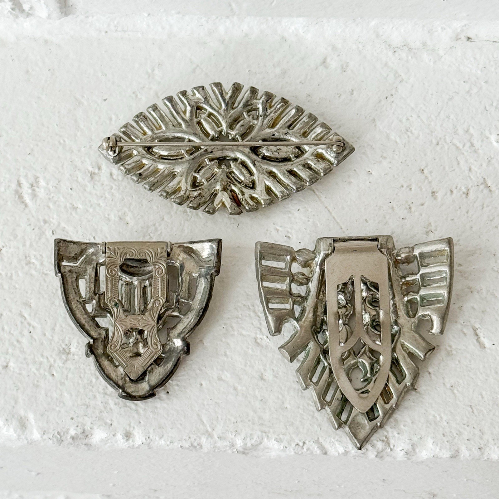 Lot 3 Antique At Deco Rhinestone Dress Clip & Brooch 1930s Estate Jewelry