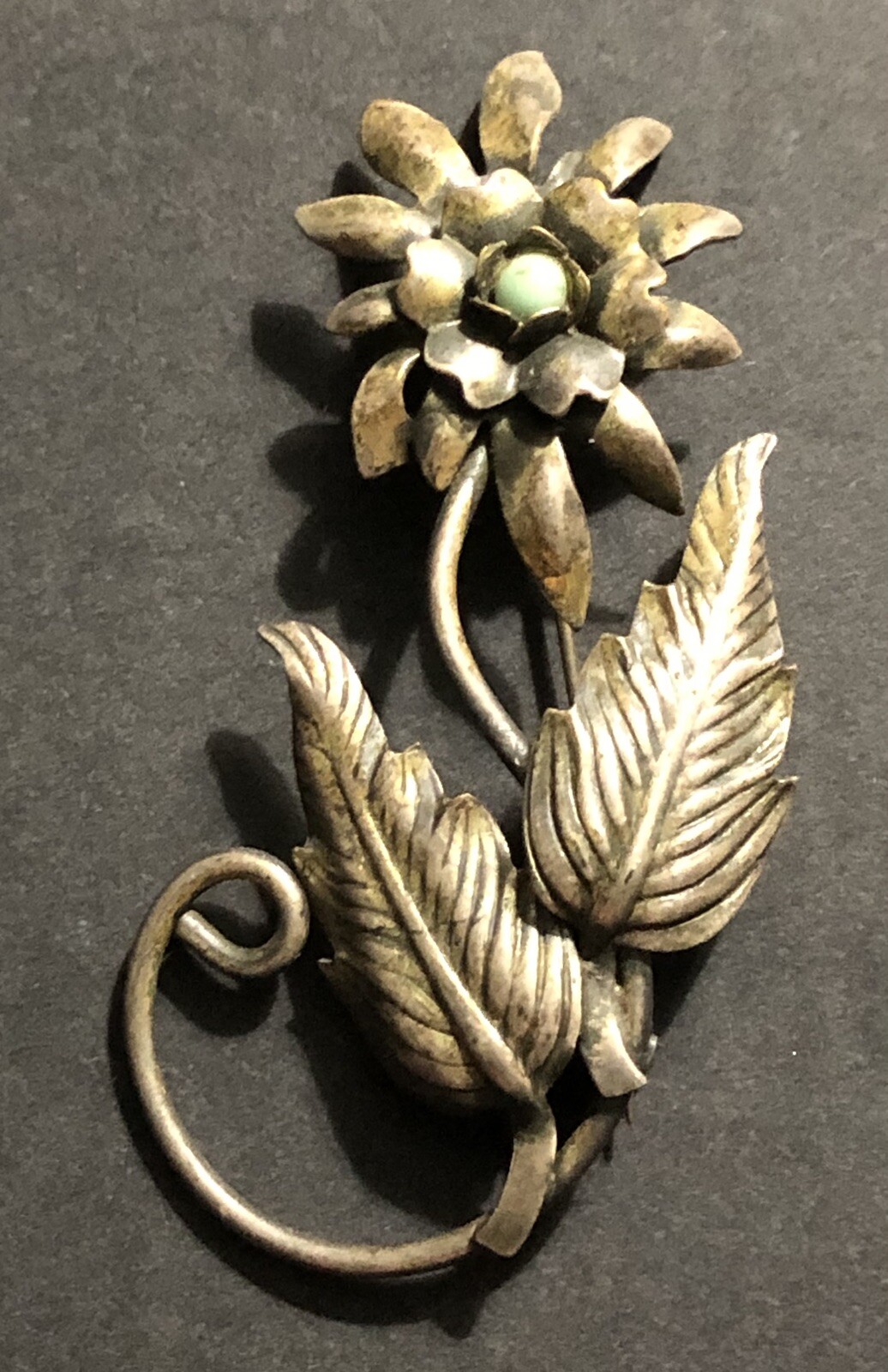 Large Vintage Bronze Color Flower Bouquet Brooch Pin w/Green Turquoise Men/Women