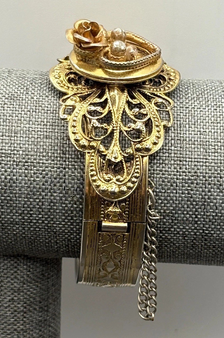 Vintage Gold Tone Filigree Bangle Bracelet Pearl Accents Rose Motif Hinged