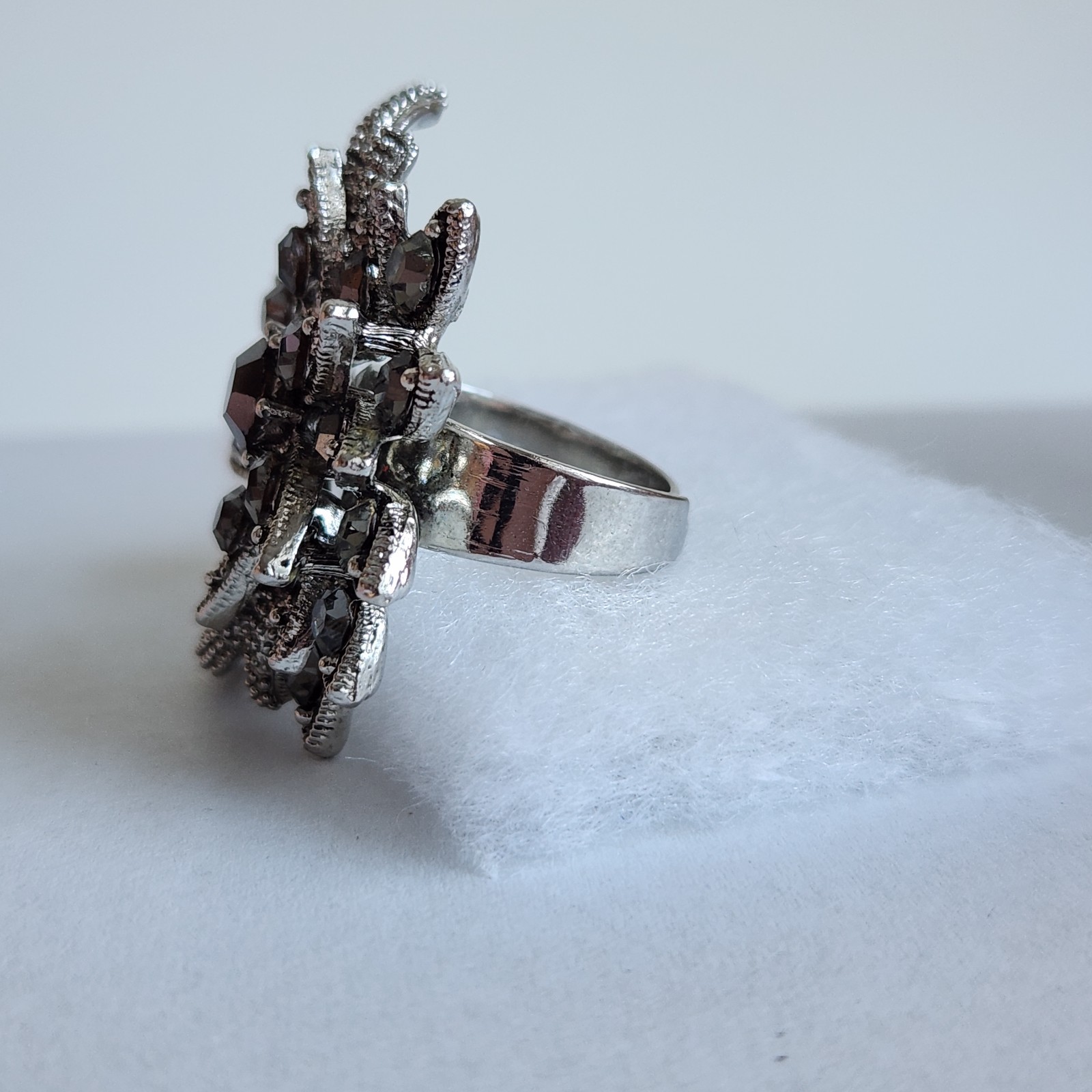 Adjustable Silver Tone Floral Rhinestone Statement Ring Smoky Crystal