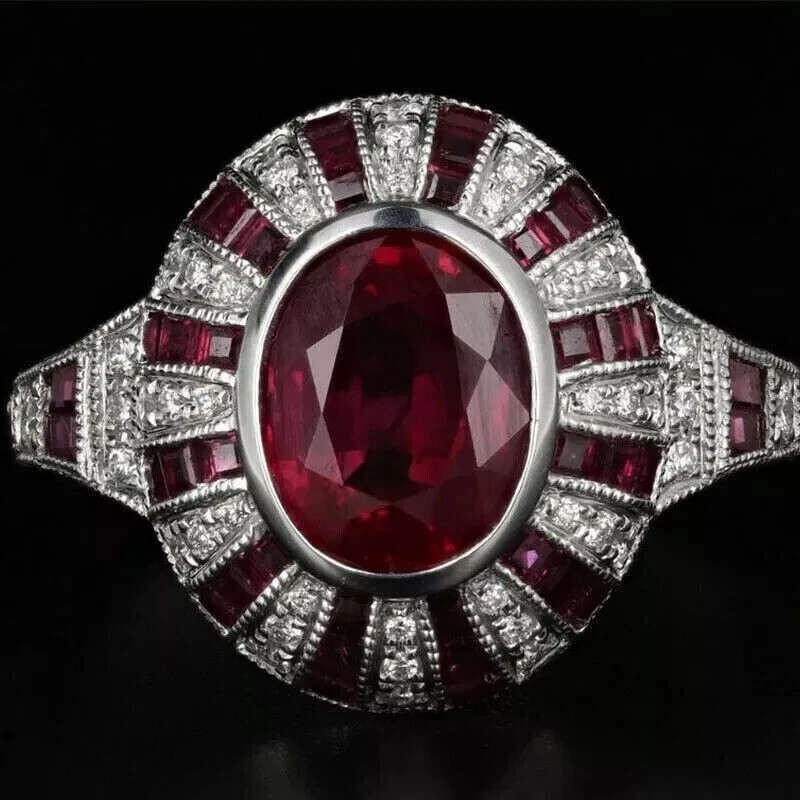 2.8Ct Art Deco Style Oval Red Lab Created Ruby Engagement 14K White Gold FN Ring