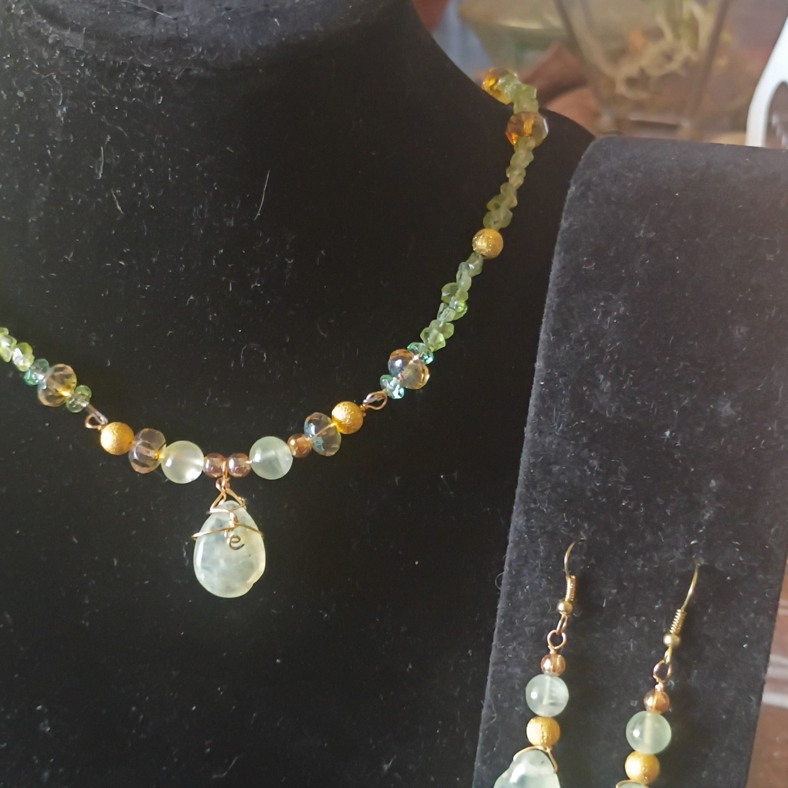 Green Adventurine Gold Wrapped Pendant With Adventurine Gold Necklace Set