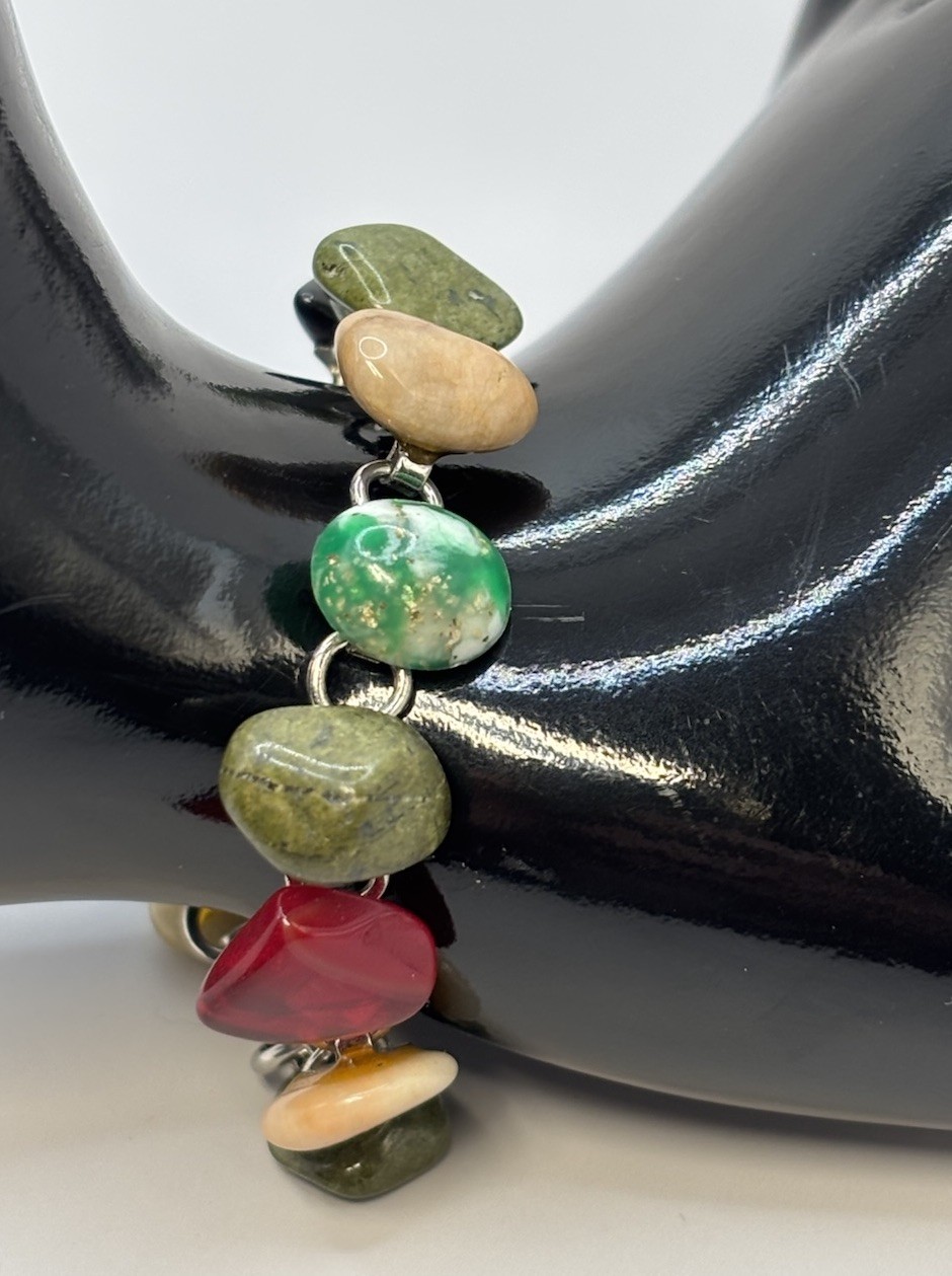 Vintage Link Polished Stone Glass Tumbled Agate Bracelet Rainbow 6.5”