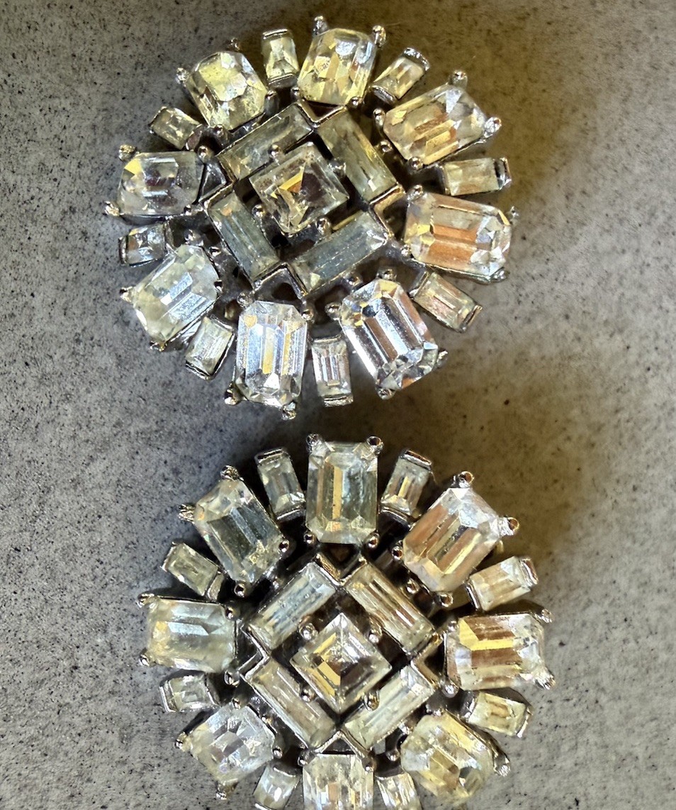 Trifari Rhinestone Baguette Clip On Silver Tone Earrings