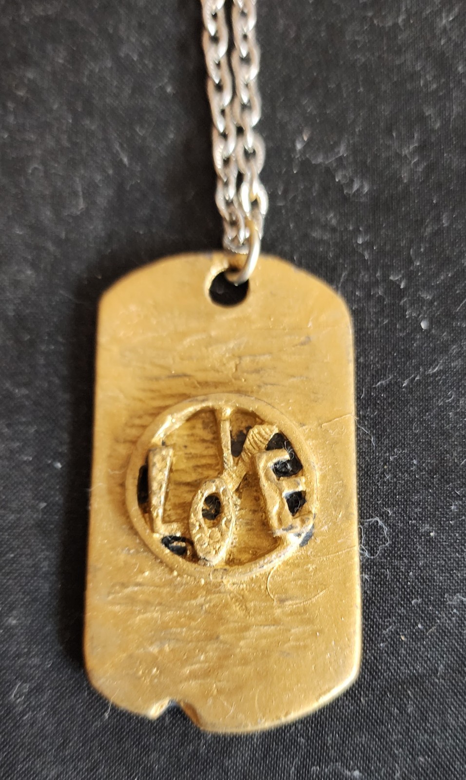 Vintage LOVE Dog Tag Pendant Necklace Pewter Painted in Gold Color
