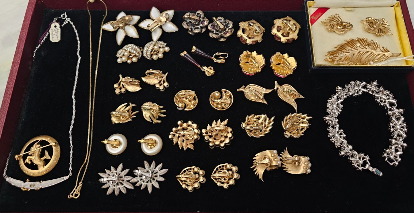 Vintage Trifari Gold & Silver Tone Lot of 22 Earrings Bracelet Pins Necklaces
