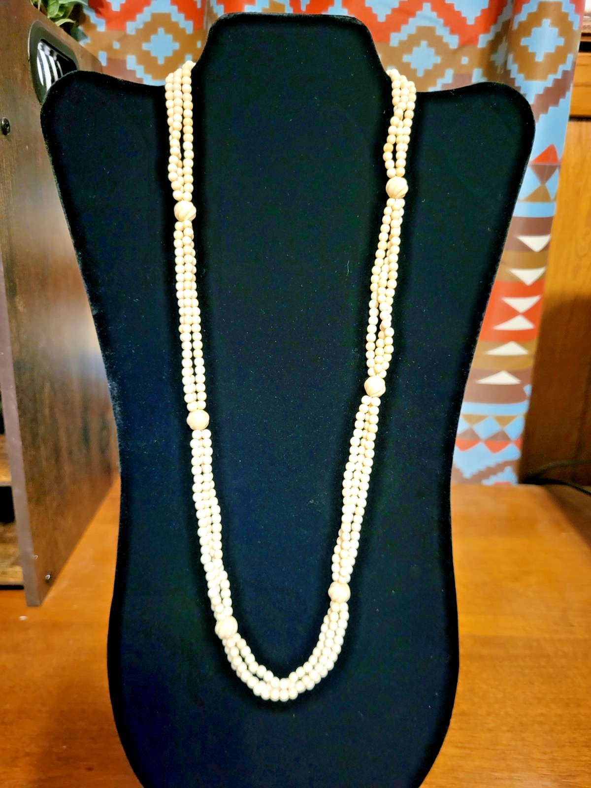 14k Gold Filled Multi-Strand Carved Cream Buffalo Bone Beaded Necklace 27 Inch