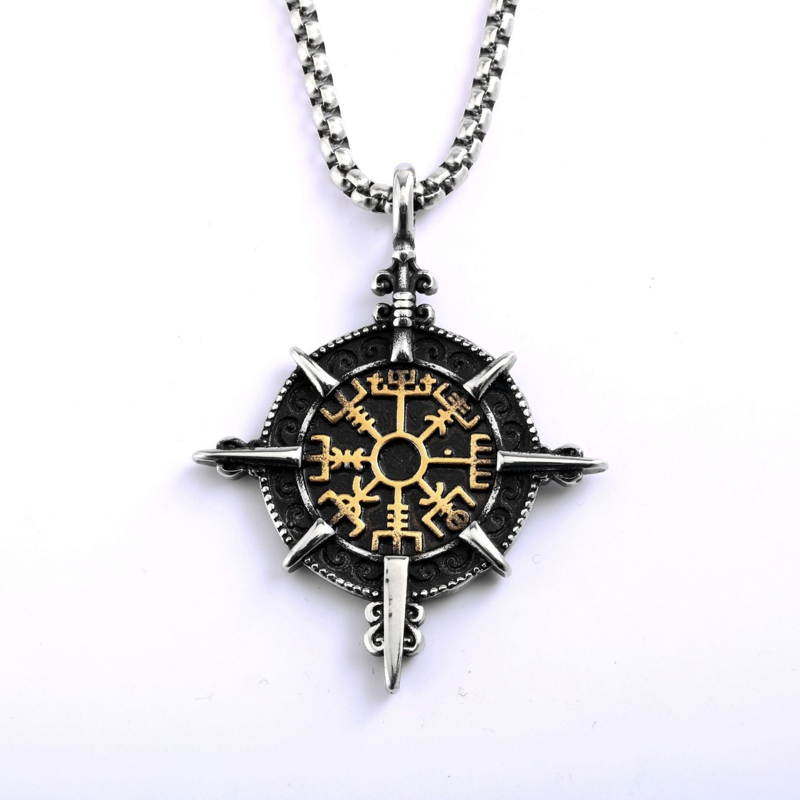 Stainless Steel Men’s Pendant Viking Compass Rune Necklace