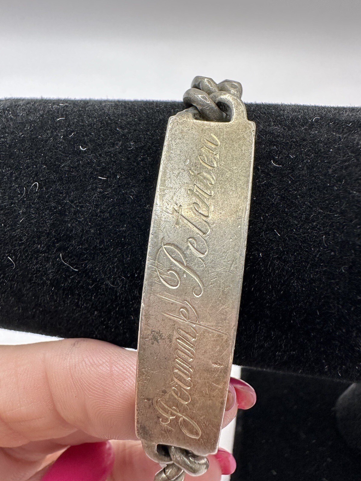 Sterling Silver Vintage Identity ID Bracelet, “Jeanne Petersen” 8-inch Curb