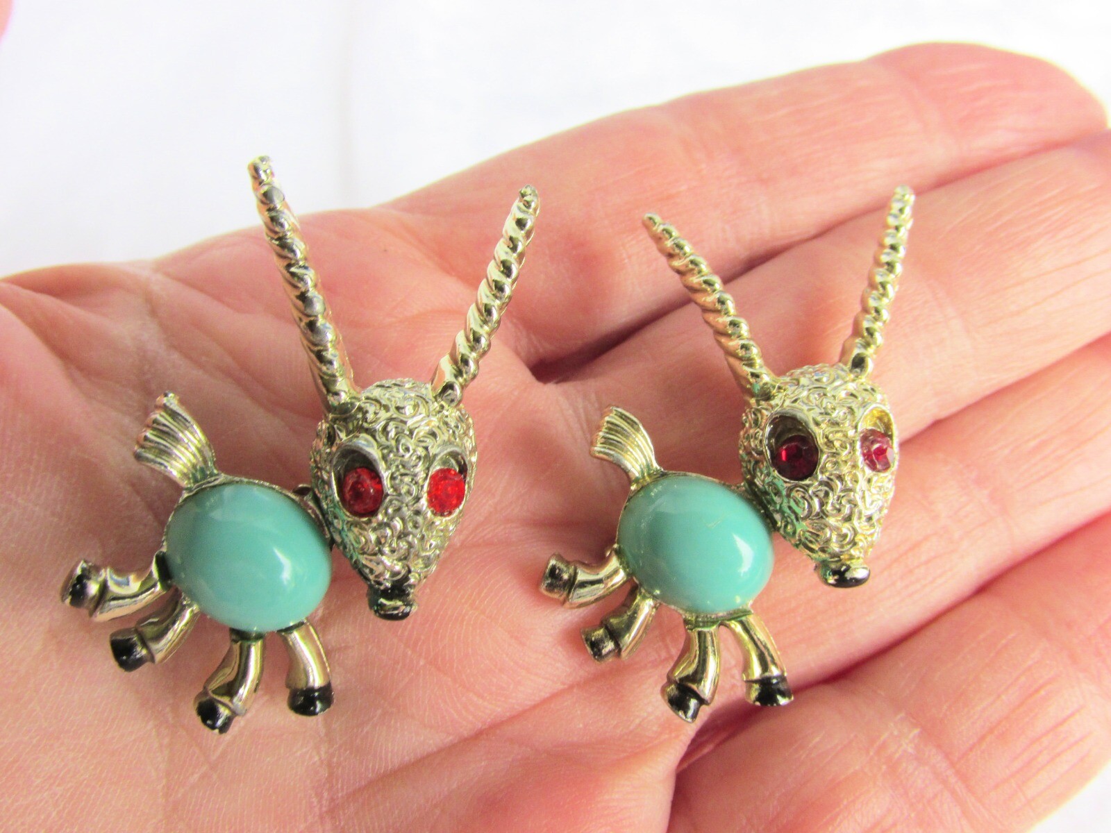 Vintage Weird Antelope Creatures Lapel Pins Aqua Glass Bellies Red Rhinestones