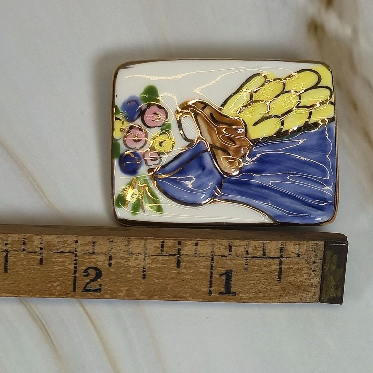 Ceramic Brooch Angel Hand-painted Watercolor Gold Gild Floral Vintage Jewelry…