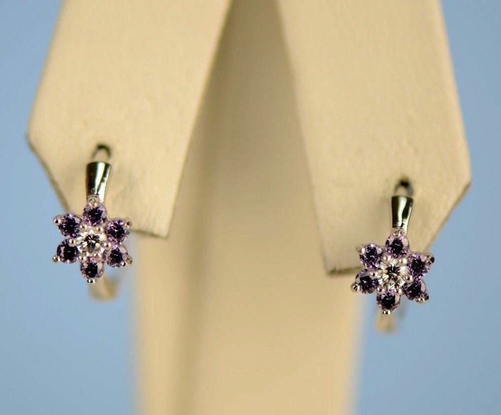 Sterling Silver 925 Flower Huggies Hoop Earring Birthstone