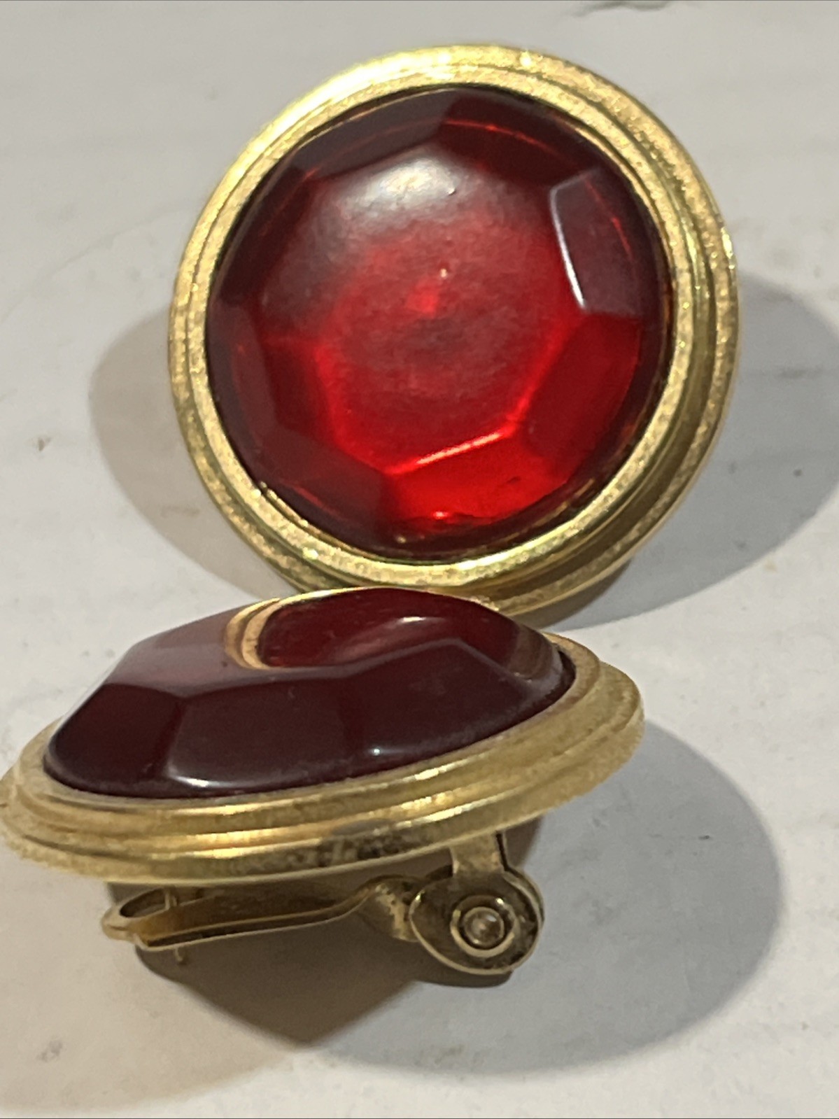 Vintage Yves Saint Laurent earrings Resin Ruby Stone Pierce Gold Tone Round