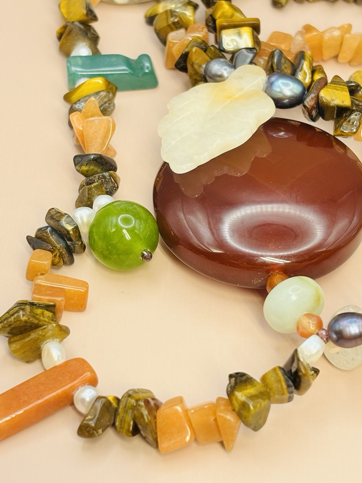 Vintage Natural Gemstone Multi Strand Boho Tigers Eye Carnelian Pearl 28”