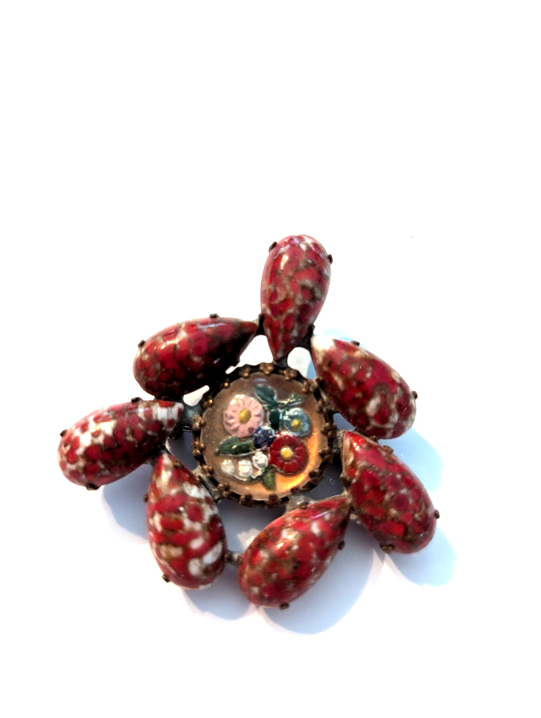 Vintage Czech Brooch with Reverse Painted Flower Center of Red Teardrop Cabs
