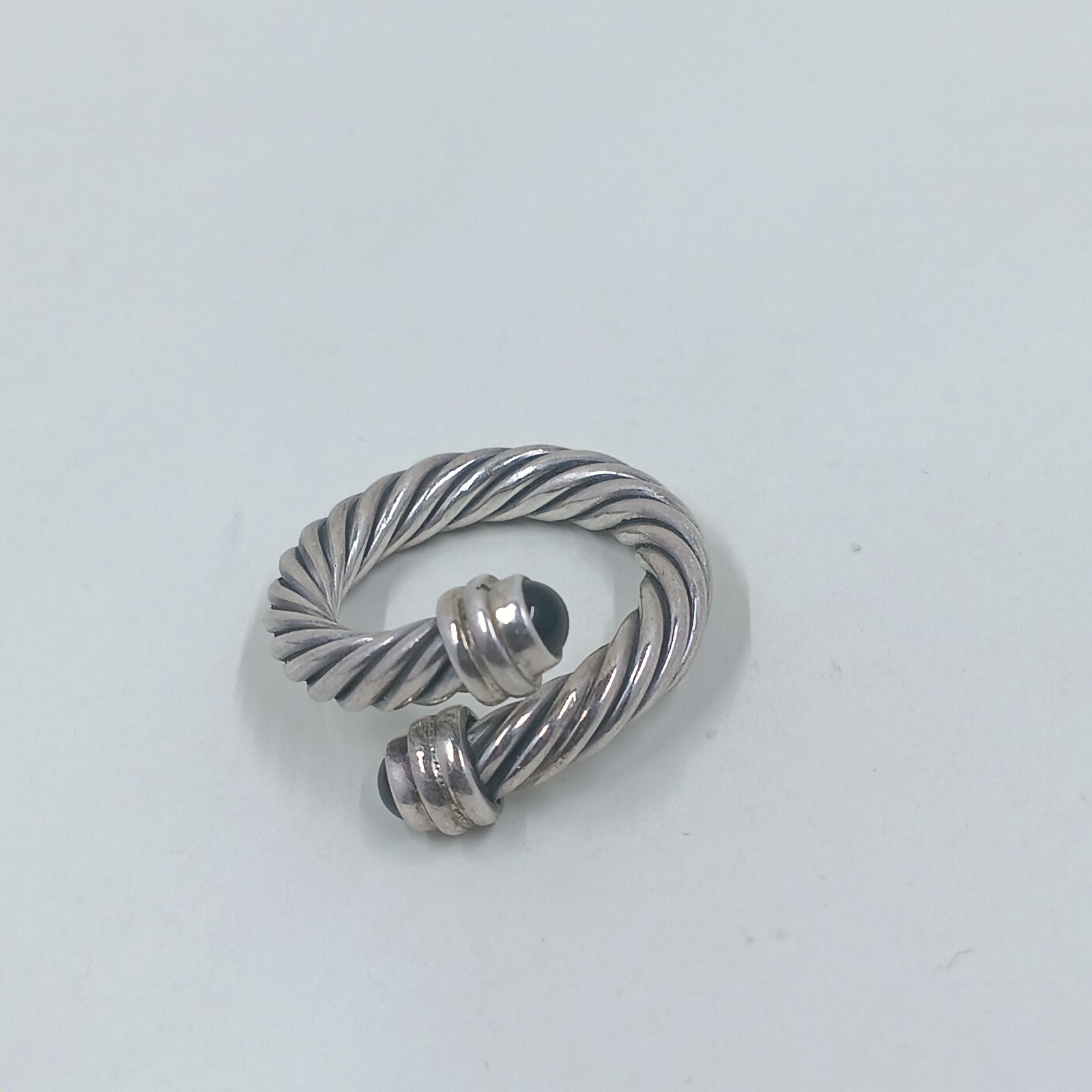 Vtg Sterling Silver Twisted Cable Wrap Ring Black Onyx Style Open Bypass…