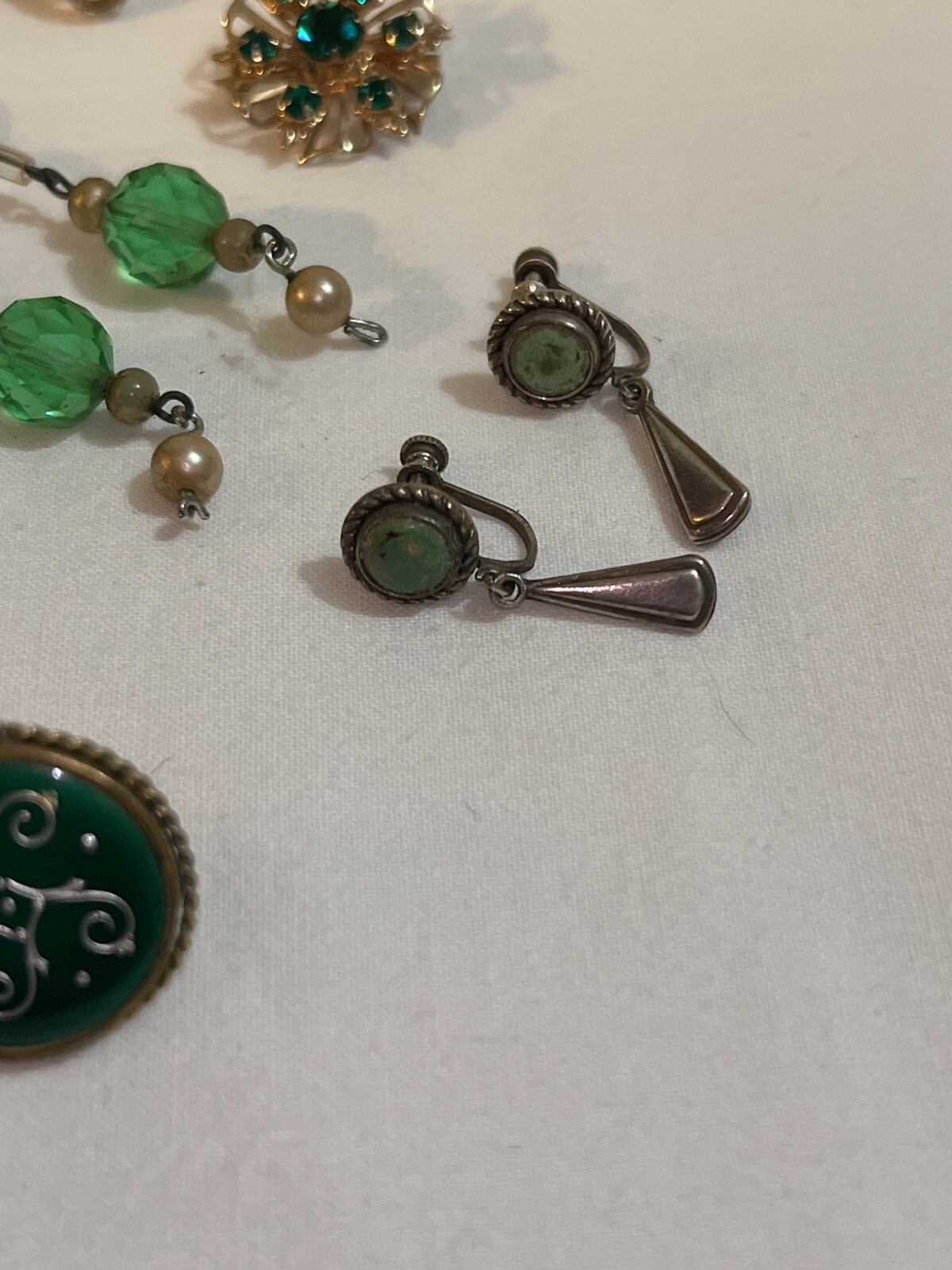 Vintage Green Costume Jewelry Lot Earrings, Pins, 12K GF Japan Hong Kong