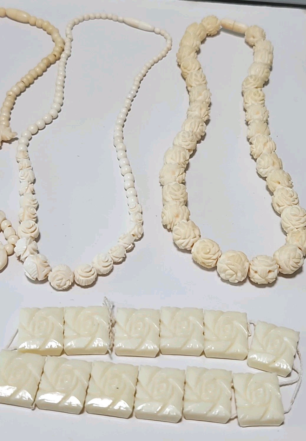 Vtg LOT Graduated Carved Rose Bead Elephant Necklaces Krememtz Rose Brooch ERs +