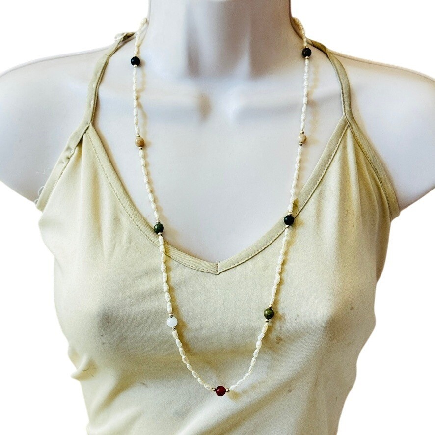 FreshWater Baroque Seed Pearl Necklace VTG Beads onyx quartz Fresh Water 30″L