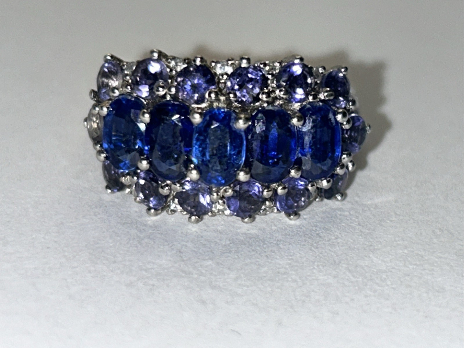 STERLING SILVER lab created BLUE SAPPHIRE & AMETHYST TRIPLE ROW RI RING Sz 8 925