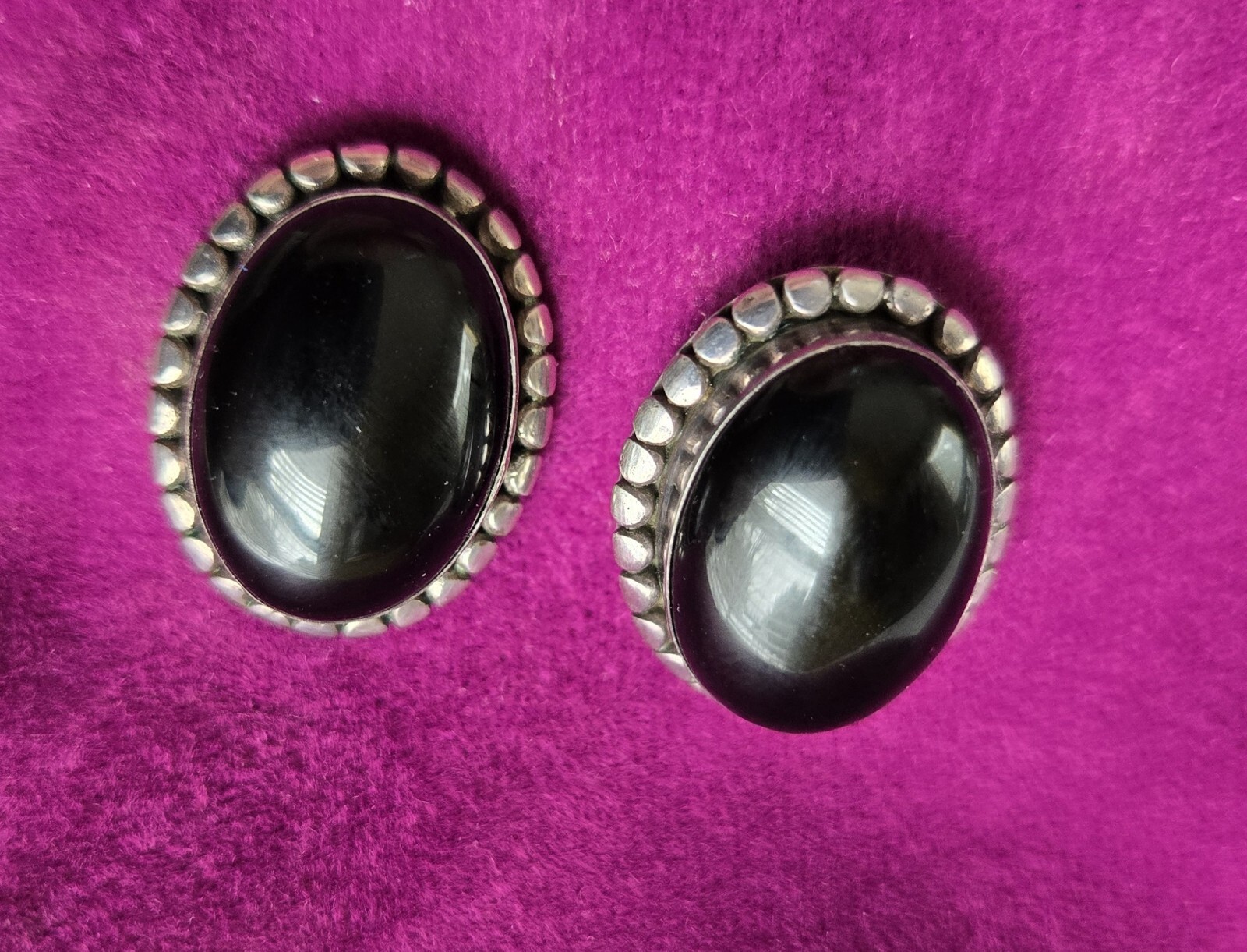Vintage Sterling Silver Large Bold Oval Black Onyx Earrings