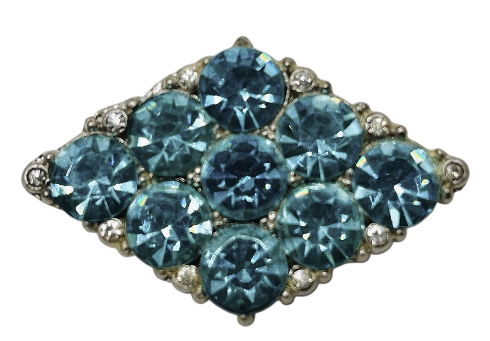 Vintage Aqua Glass Mid Century Rhodium Plated Old Hollywood Glamour Brooch