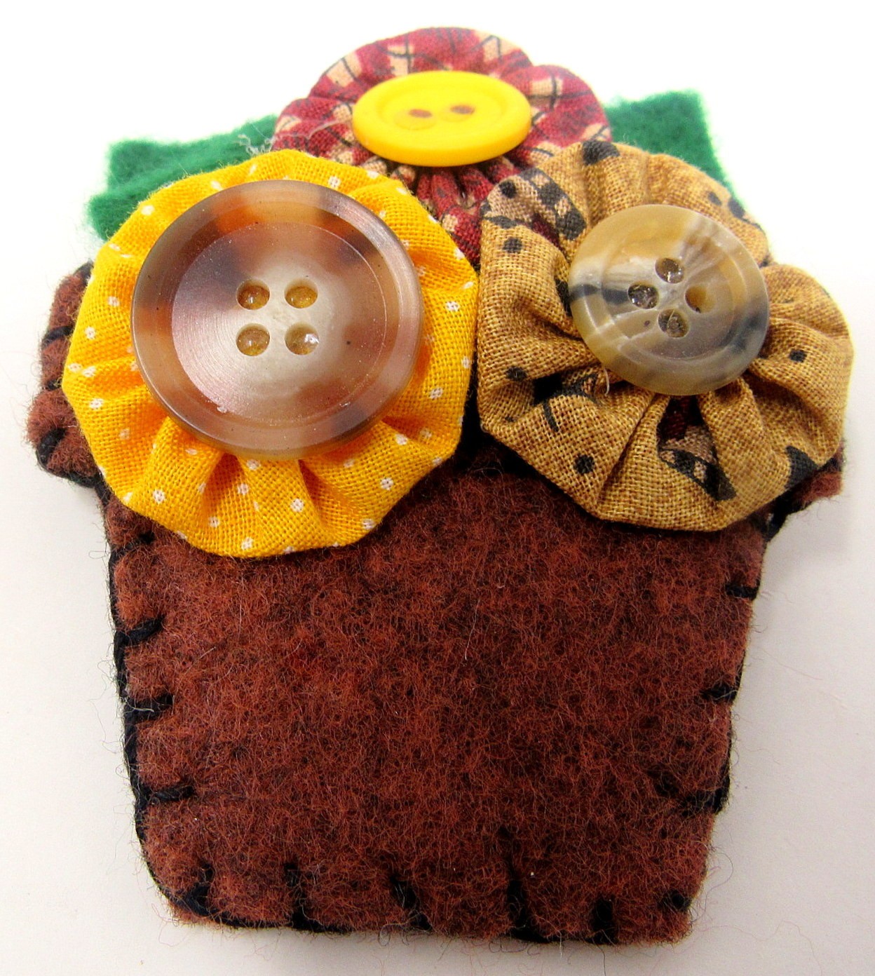 Felt Flower Pot Pin 3 1/2 inch Yellow Beige Brown Handcrafted NOS US Seller GSW