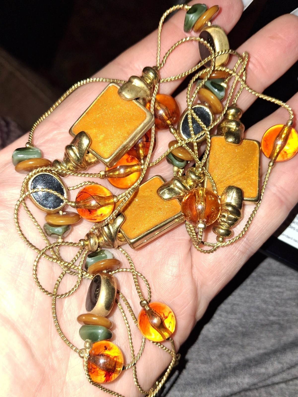 vintage korea gold plate long station necklace amber glass acrylic and enamel