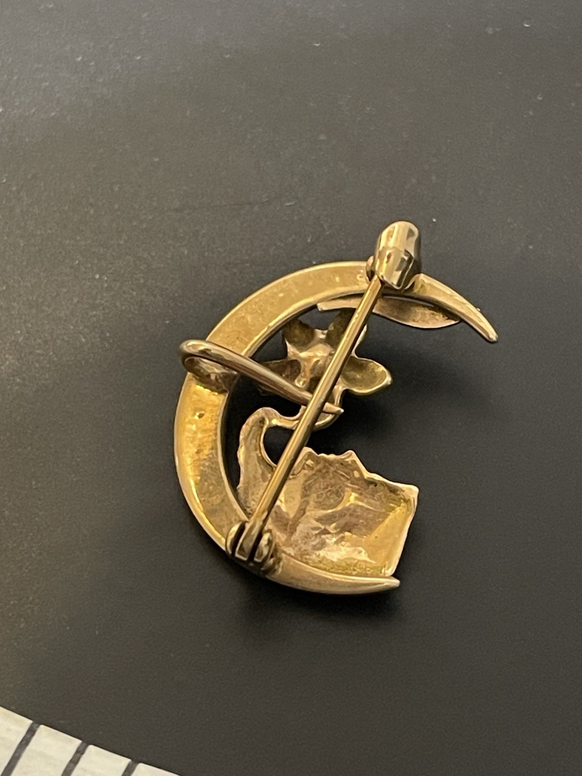 Vtg Brooch Pin Art Nouveau Deco 14K Gold Sees Pearl Woman Crescent Moon Flower
