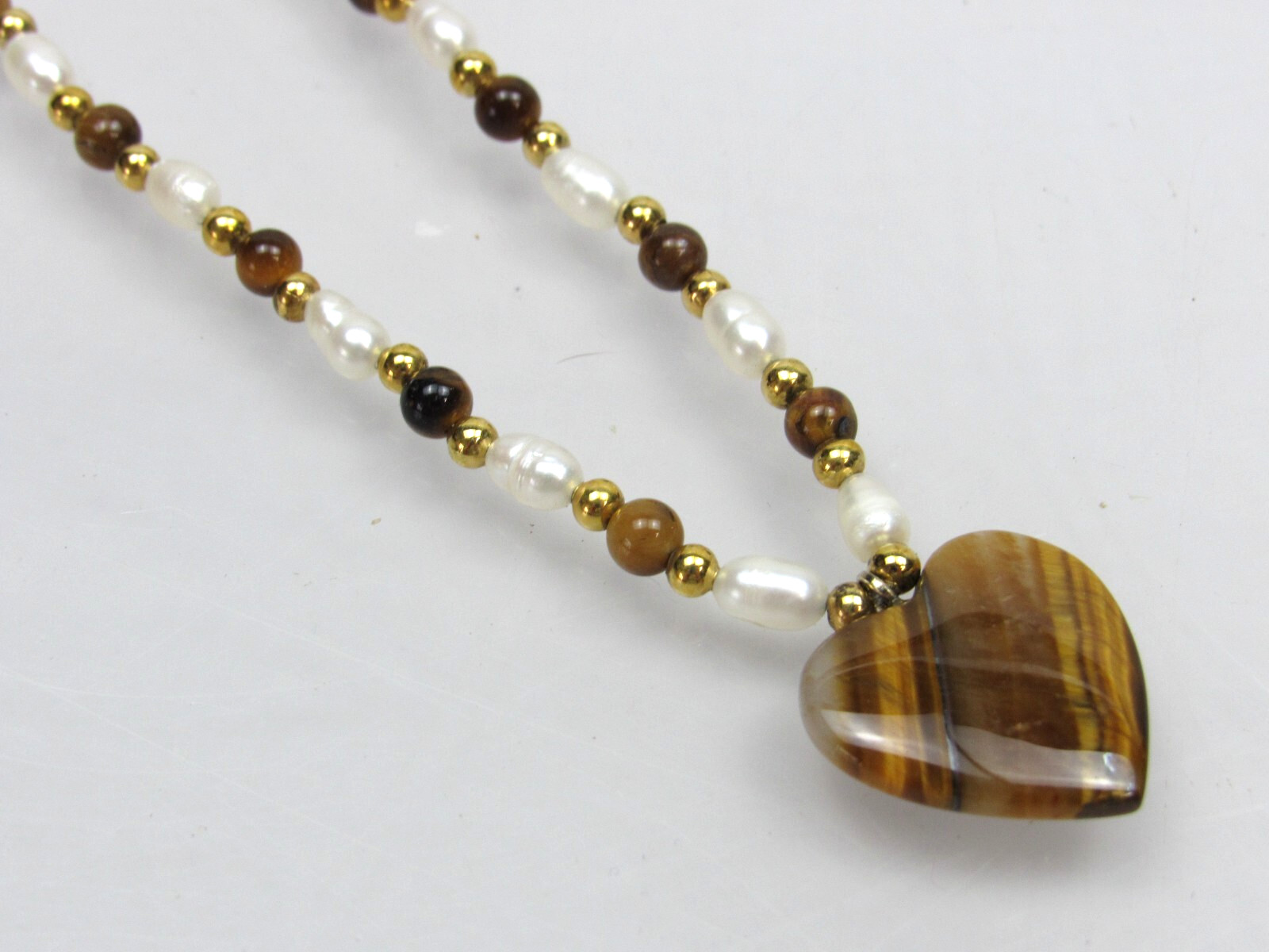 Vintage Tiger’s Eye & Freshwater Pearl Beaded Heart Pendant Necklace