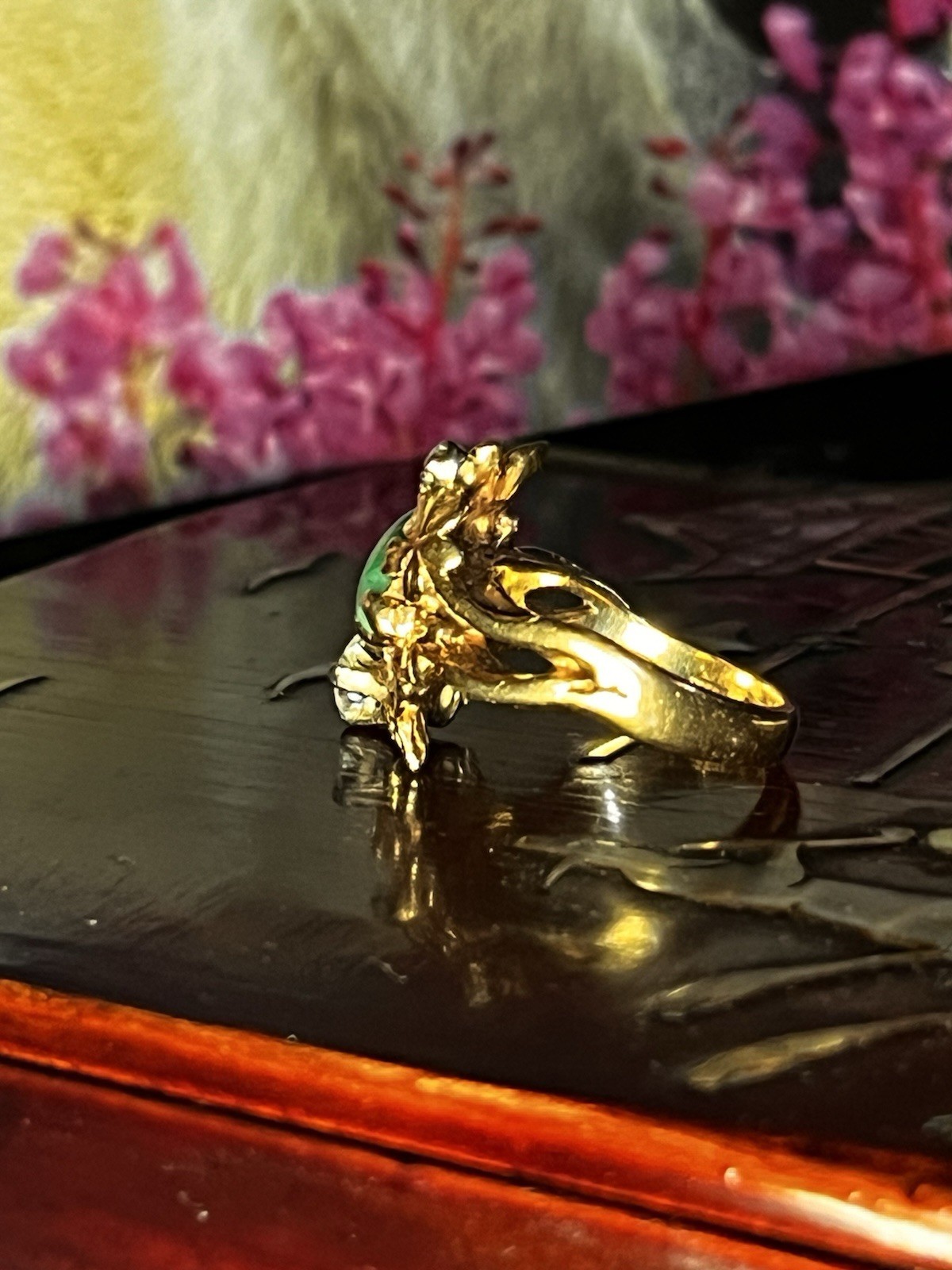 Vintage Custom Made 14k Gold Chunky Floral Diamond/natural Jade Ring Sz6