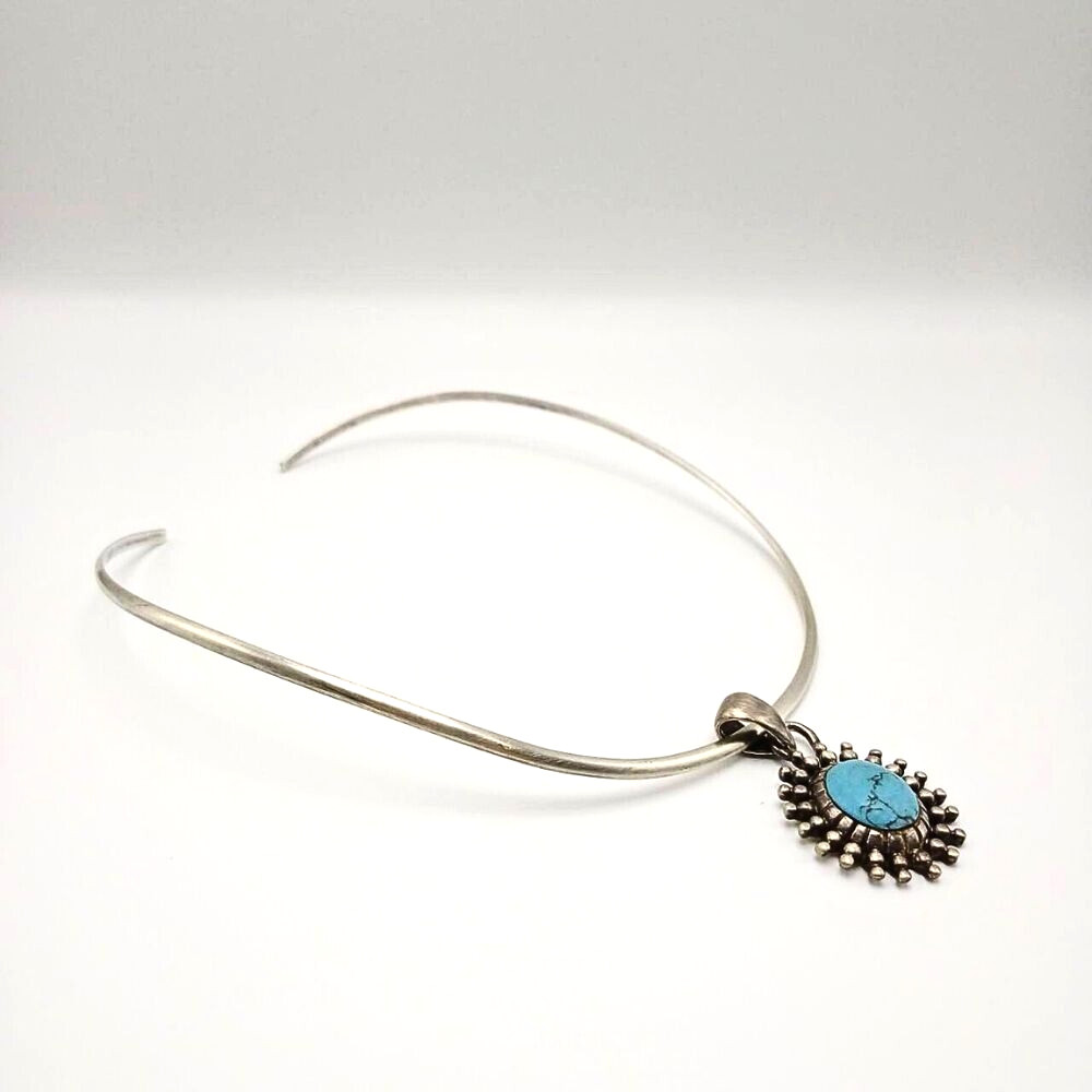 Vintage Sterling Silver Choker Turquoise Pendant Necklace 925 Ethnic Boho Jewelr
