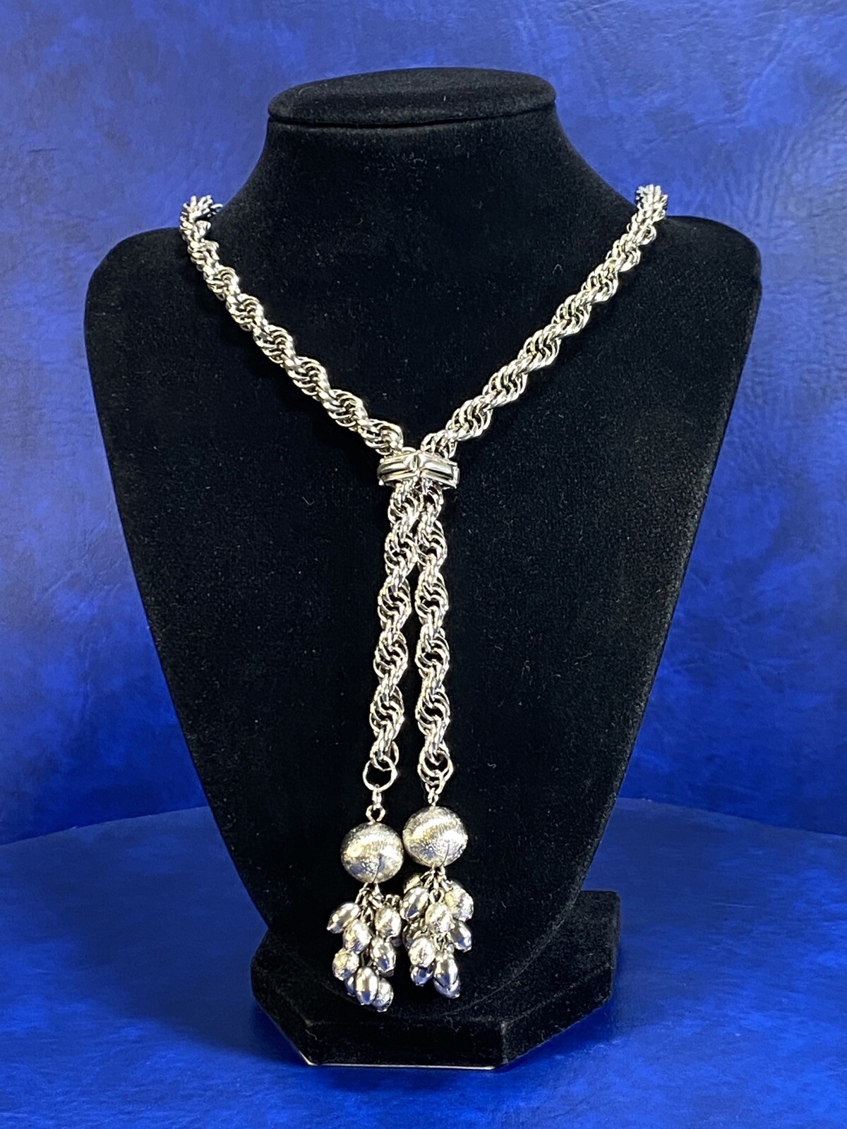Vtg Silver Tone Metal Rope Bolo Slide Ball Tassel Bold Lariat Statement Necklace