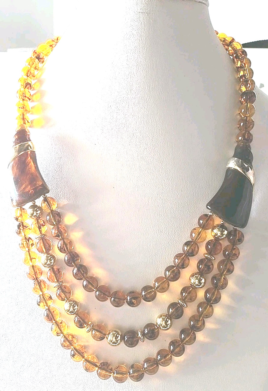 Vintage Faux Amber Colored 3 Strand Bibbed Statement Necklace 25 In 1970s MCM