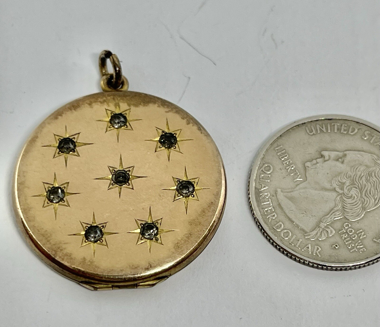 Antique Art Nouveau Rolled Gold Stars Round Locket Pendant with 8 Paste Stones