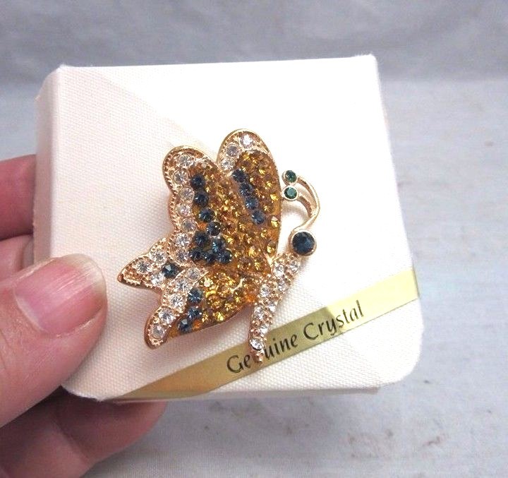 Pave rhinestone butterfly brooch. Blue & yellow