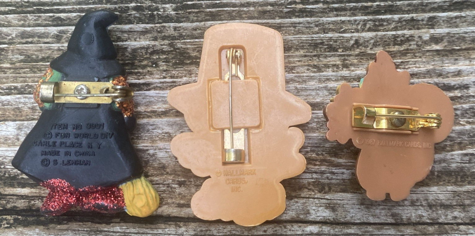 Hallmark Brooches Pins Halloween Witch Pilgrim Bird Fall Squirrel Lot of 3 Vtg