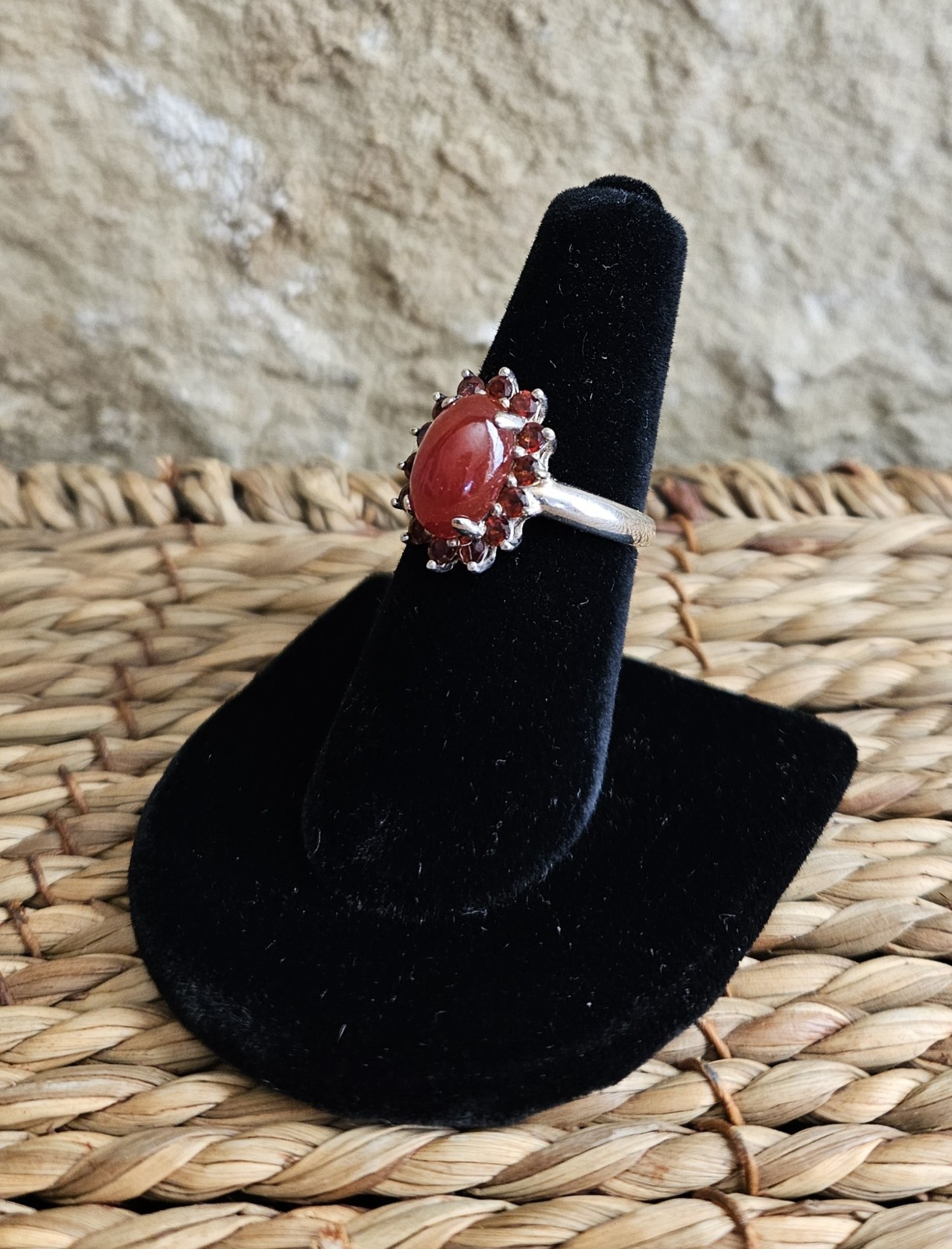 Orange Jade 12 mm Cabochon with Garnets .925 Sterling Silver Ring size 6.75