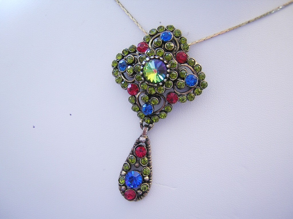 1950’s EDLEE Fab RIVOLI, Olivine, Egyptian Blue & RED Rhinestones Dangling PIN