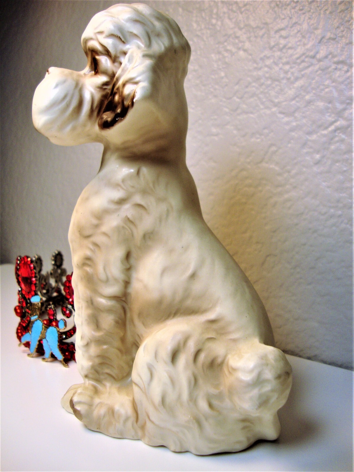 Blue Enamel Cloisonne/Guilloche Goldtone Poodle Brooch & Poodle Statue-Figurine