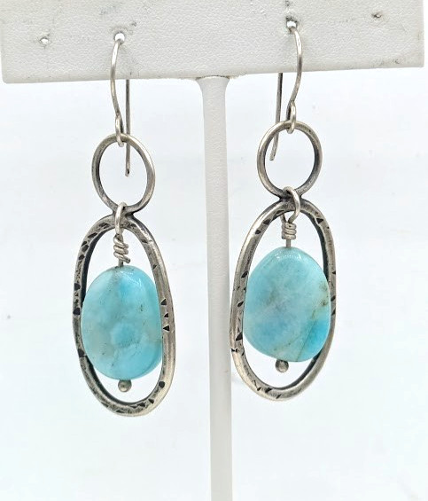 Vintage Artisan Sterling Silver Blue Larimar Dangle Drop Earrings