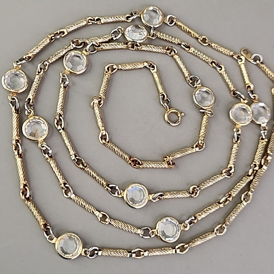 Vintage Open Bezel Necklace Clear Glass Bar Link Gold Tone Spiral 36″