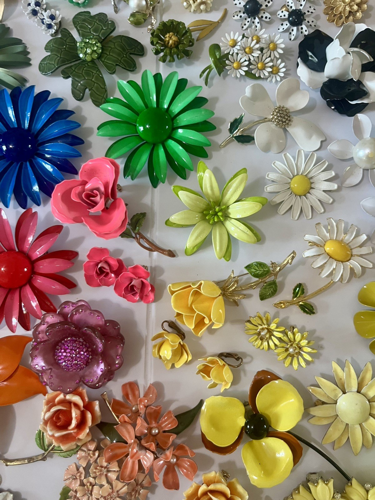 Vtg Enamel Flower Brooch Pin Earring Lot Rhinestone Signed Retro Jewelry 62 pc