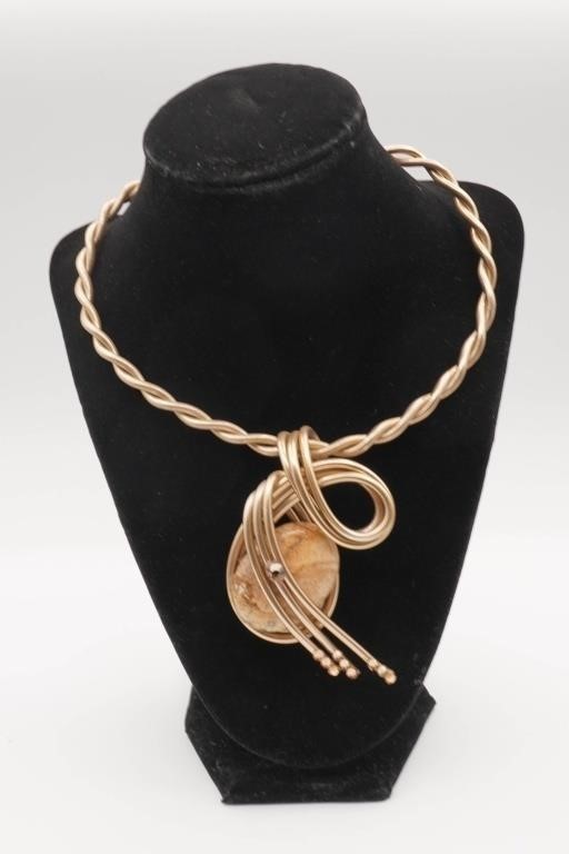 JEFF LIEB VINTAGE STONE GEMSTONE PENDANT TWIST GOLD TONE STATEMENT NECKLACE WOW!