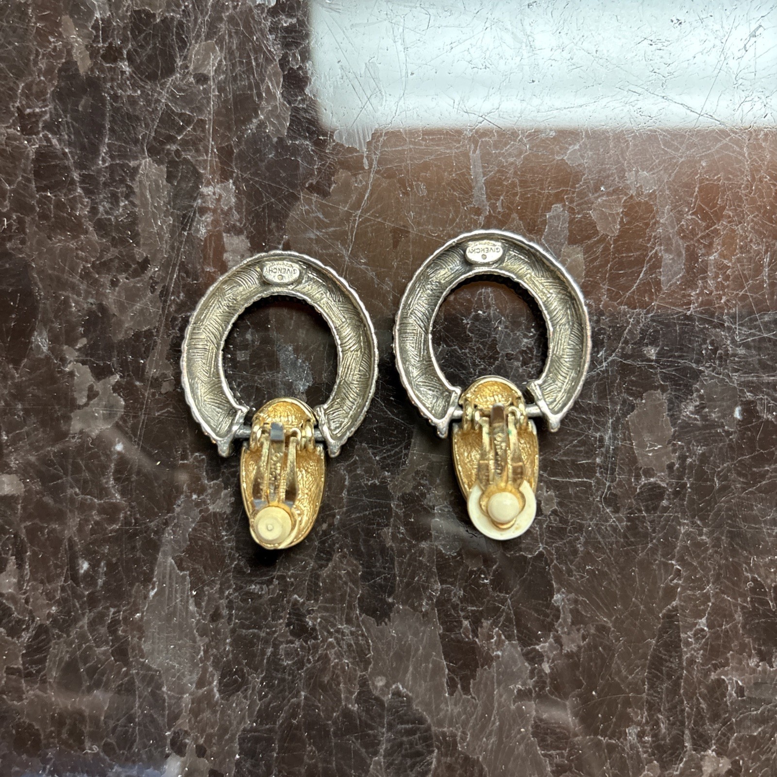 Vintage Givenchy Silver Door Knocker Gold Tone Logo Clip On Earrings