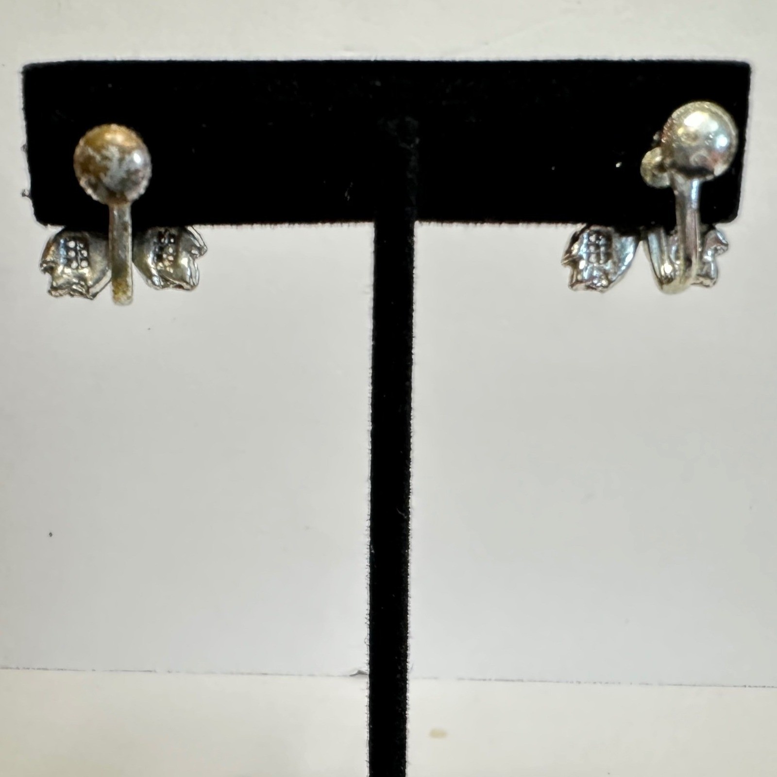 Vintage Silver Tone Rhinestone Maple Leaf Earrings Screw Back