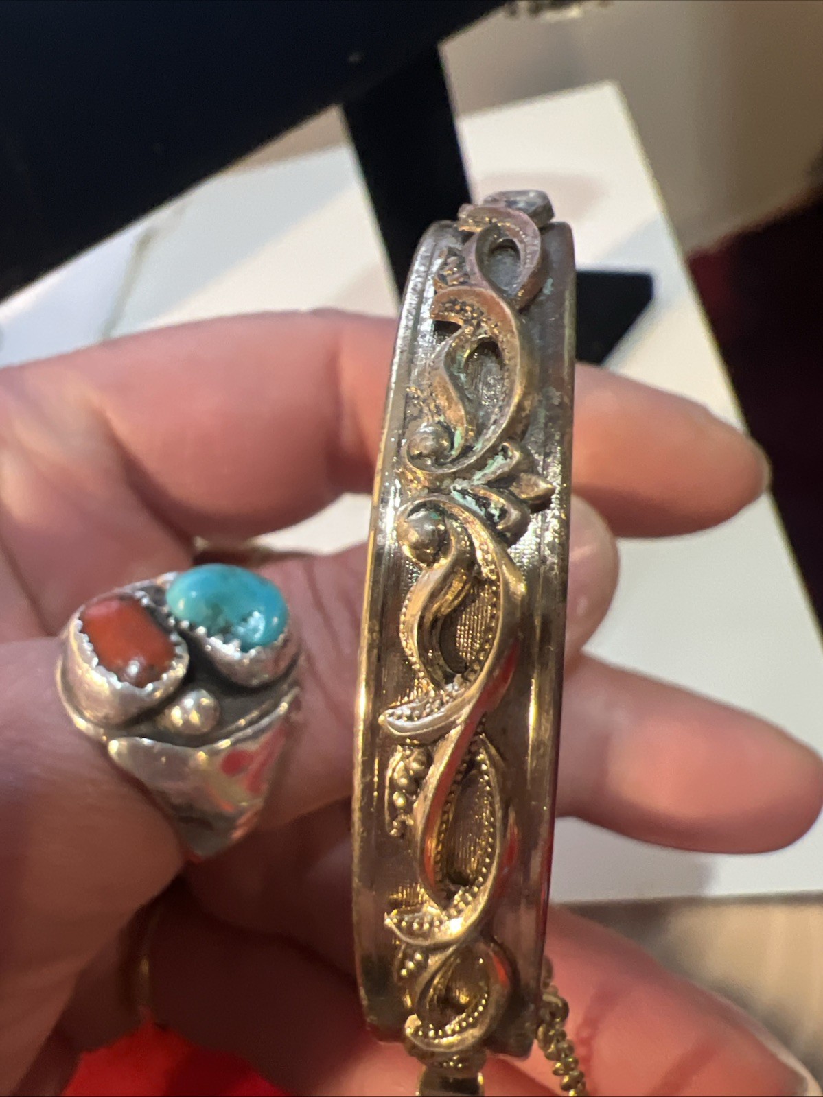 Vtg Whiting & Davis Gold Tone Victorian Revival Bangle Bracelet Floral See Pics
