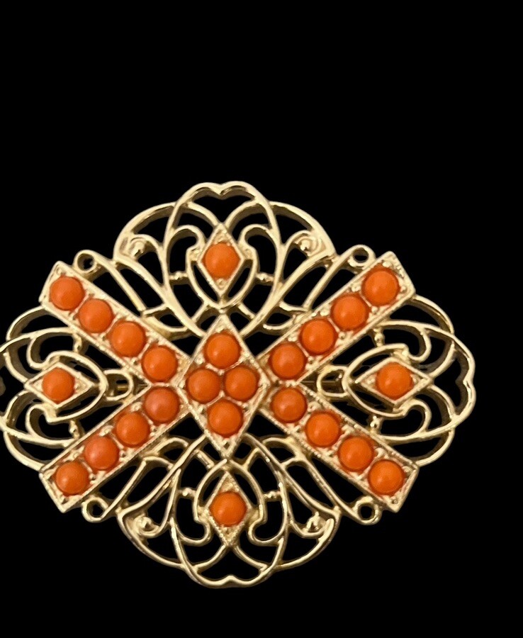 Vintage Sarah Coventry Gold Tone Filigree Coral Colored Beaded Brooch Pin