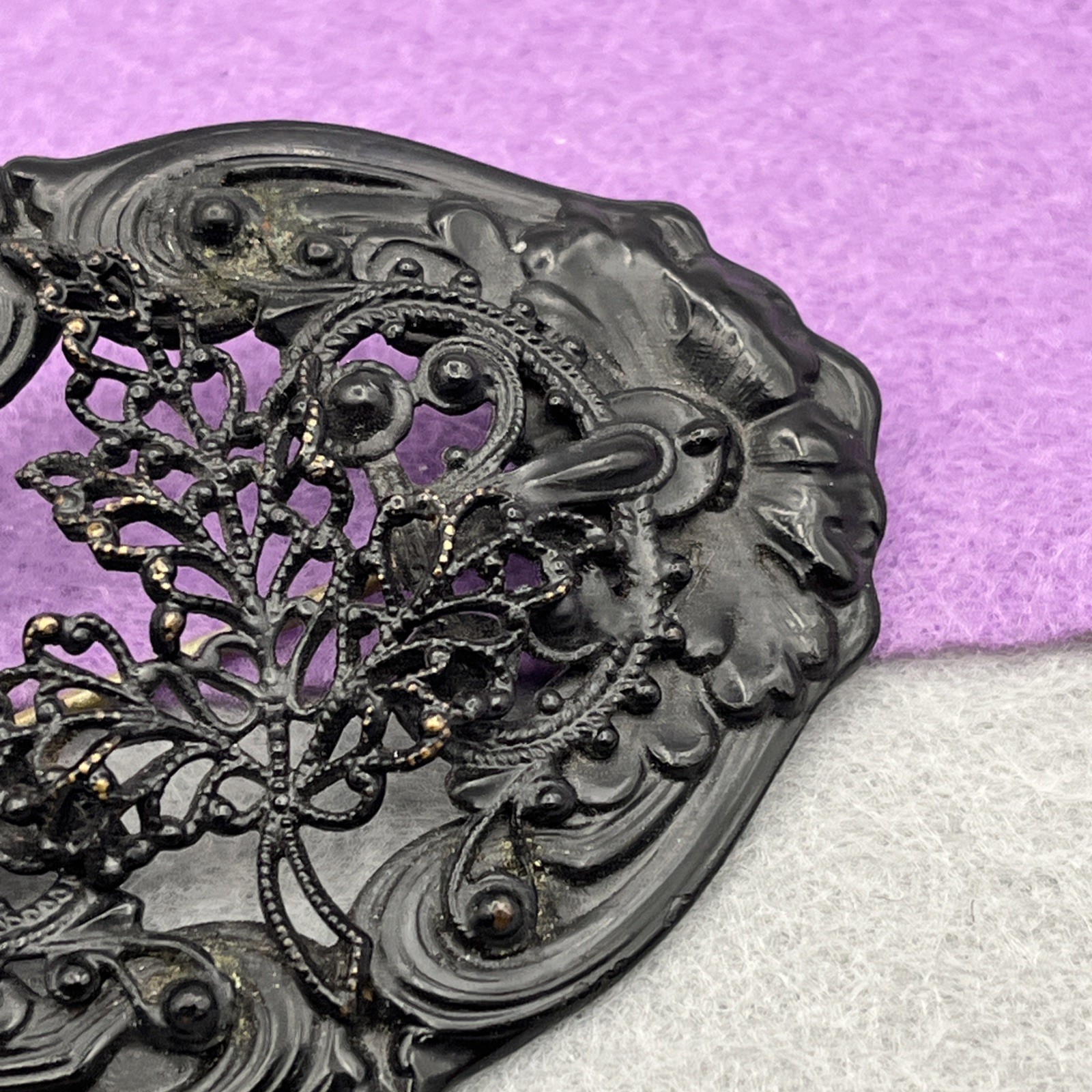 Antique Victorian Era Berlin Iron Style Mourning Brooch Filigree Scrools 2.75″